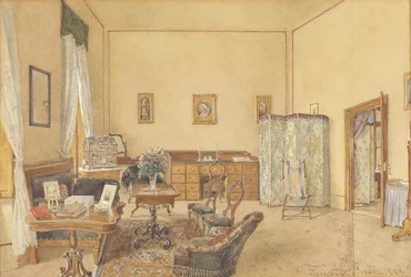 Interieur mit Vogelkäfig und Strandstuhl